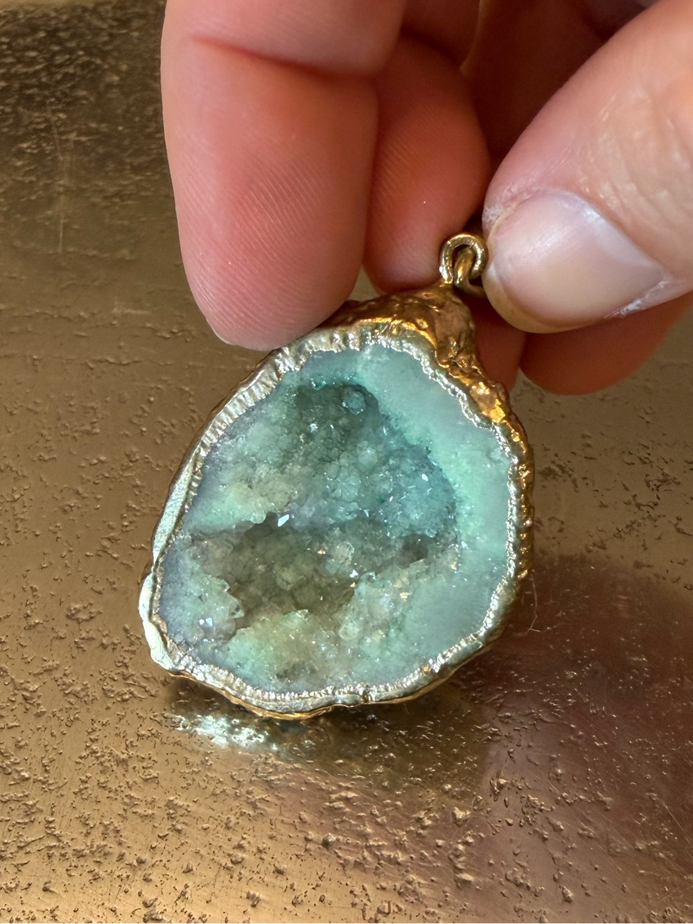 Natural Druzy Geode Slice Pendant – Gold Tone Crystal Stone Pendant